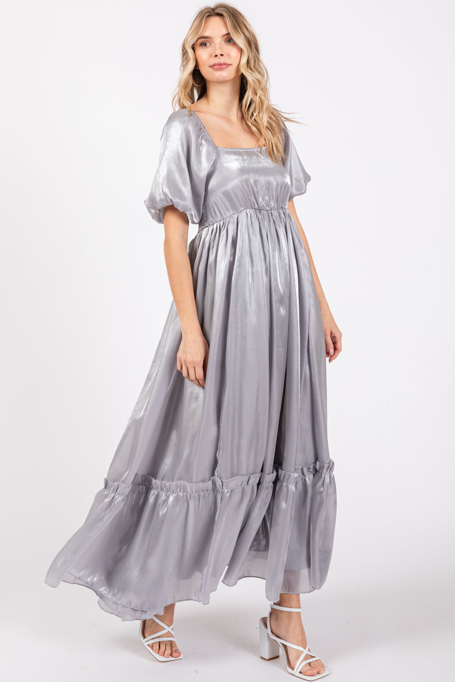 Silver Satin Square Neck Short Puff Sleeve Maternity Maxi Dress PinkBlush Silver Satin Square Neck Short Puff Sleeve Maternity Maxi Dress PinkBlush
