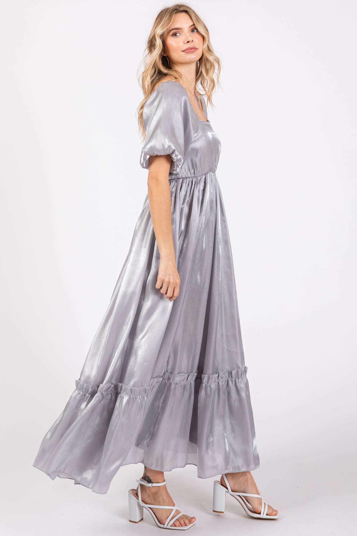 Silver Satin Square Neck Short Puff Sleeve Maxi Dress Silver Satin Square Neck Short Puff Sleeve Maxi Dress