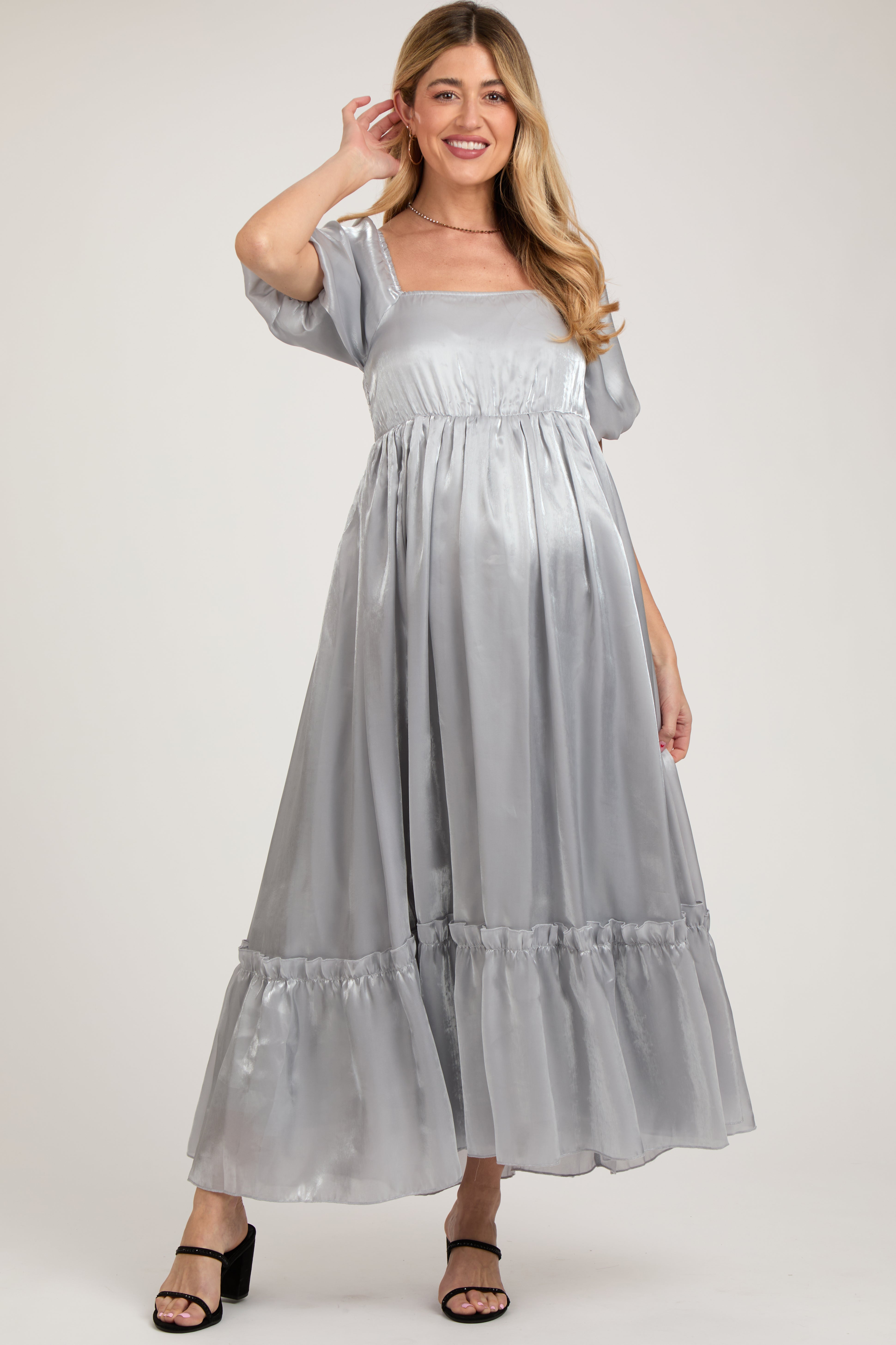 Silver Satin Square Neck Short Puff Sleeve Maternity Maxi Dress  PinkBlush