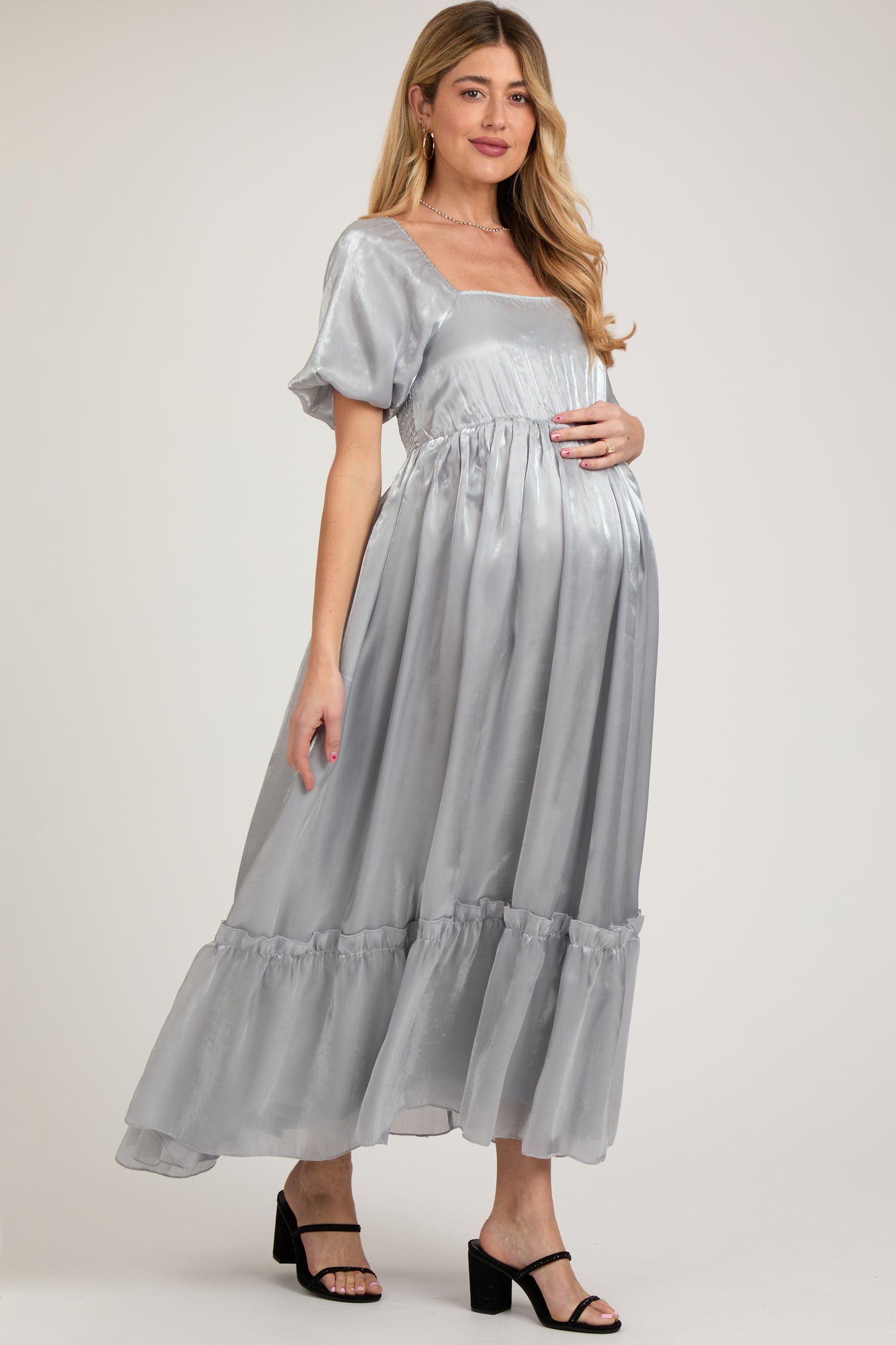 Silver Satin Square Neck Short Puff Sleeve Maternity Maxi Dress Silver Satin Square Neck Short Puff Sleeve Maternity Maxi Dress
