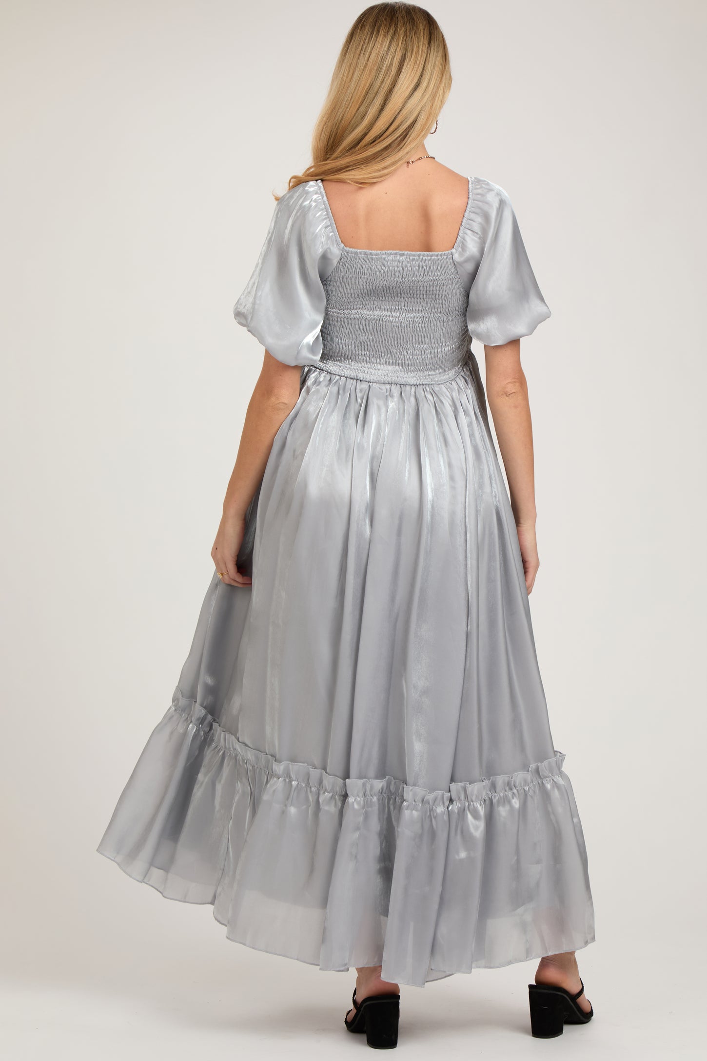 Silver Satin Square Neck Short Puff Sleeve Maternity Maxi Dress Silver Satin Square Neck Short Puff Sleeve Maternity Maxi Dress
