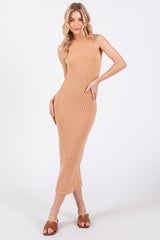 Camel Ribbed Fitted Midi Dress