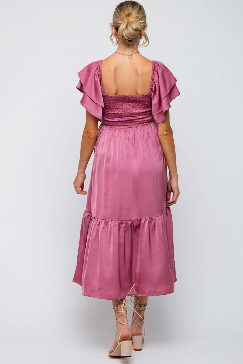 flutter sleeve ruched corset detail tiered midi dress in mauve Mauve Satin Flutter Sleeve Maternity Midi Dress