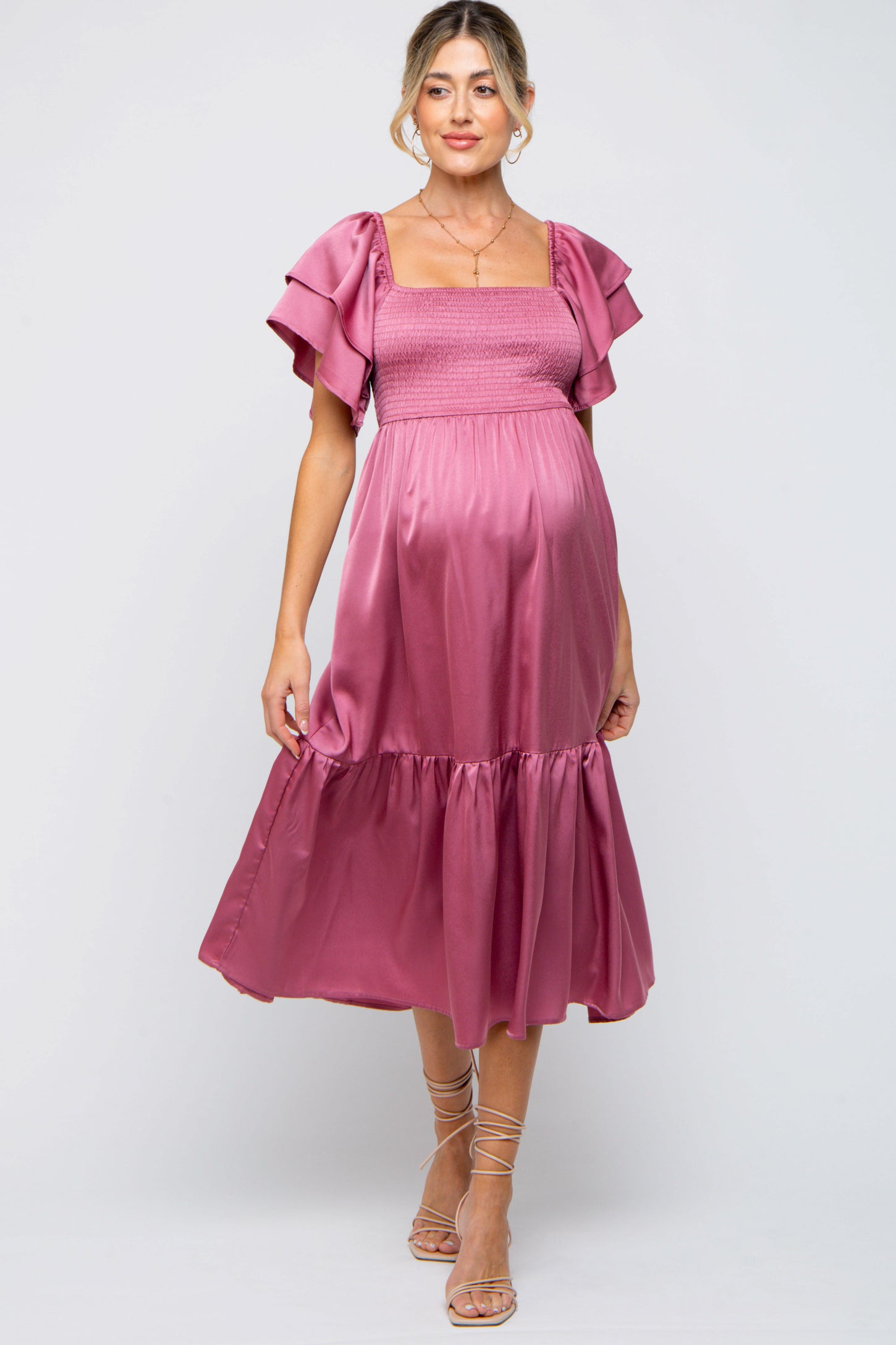 pink satin maternity dress Mauve Satin Flutter Sleeve Maternity Midi Dress