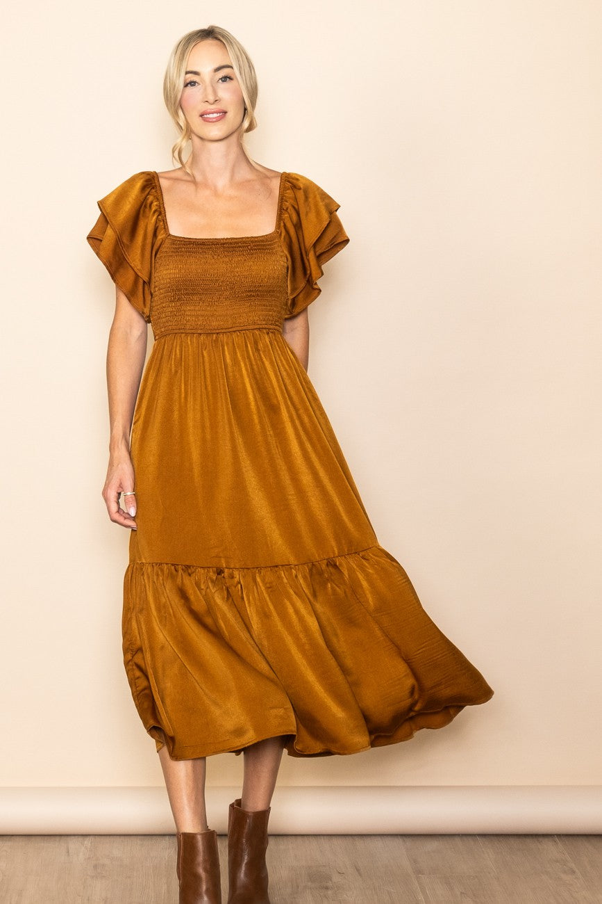 Camel Satin Flutter Sleeve Midi Dress Camel Satin Flutter Sleeve Midi Dress