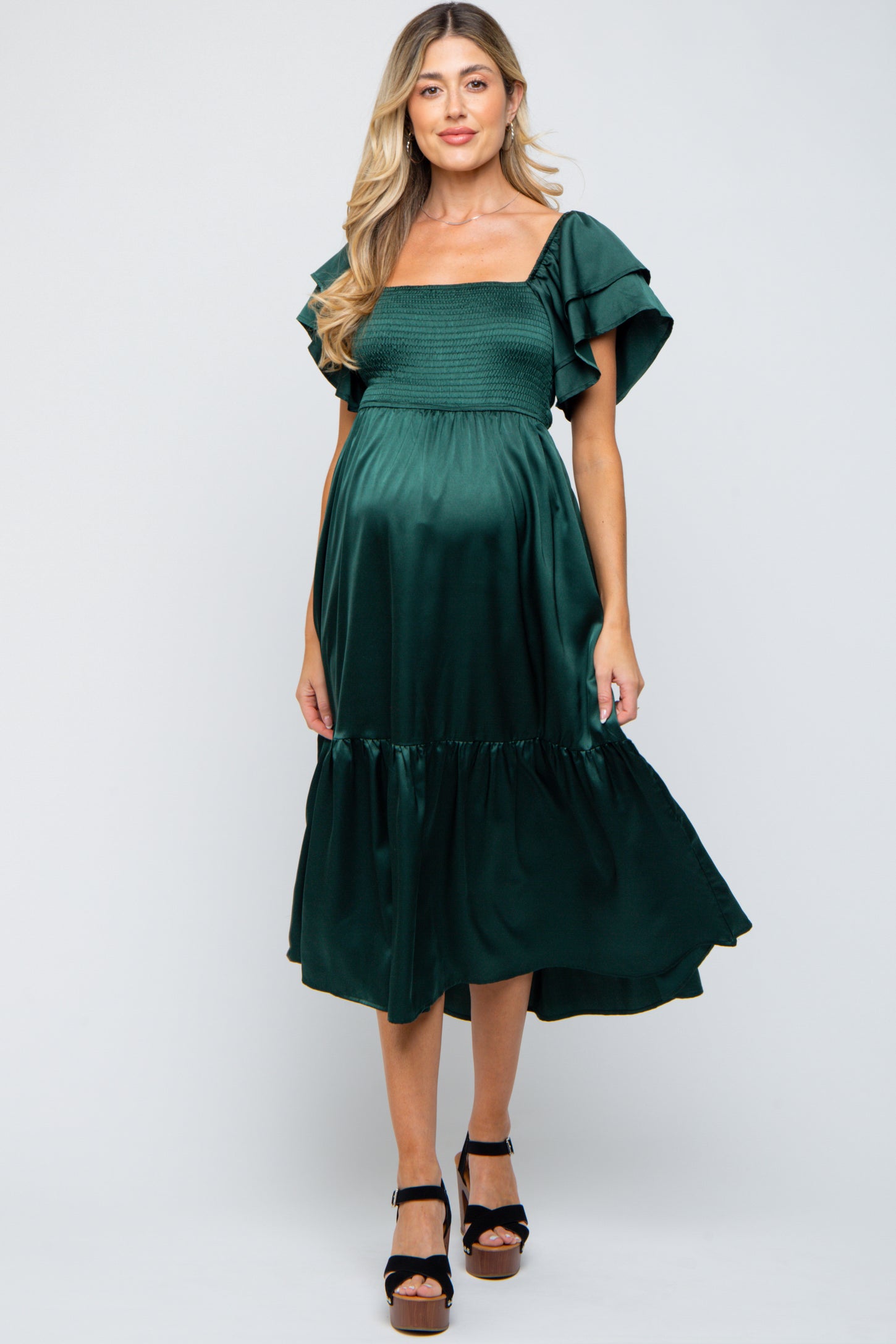 Forest Green Satin Flutter Sleeve Maternity Midi Dress Forest Green Satin Flutter Sleeve Maternity Midi Dress
