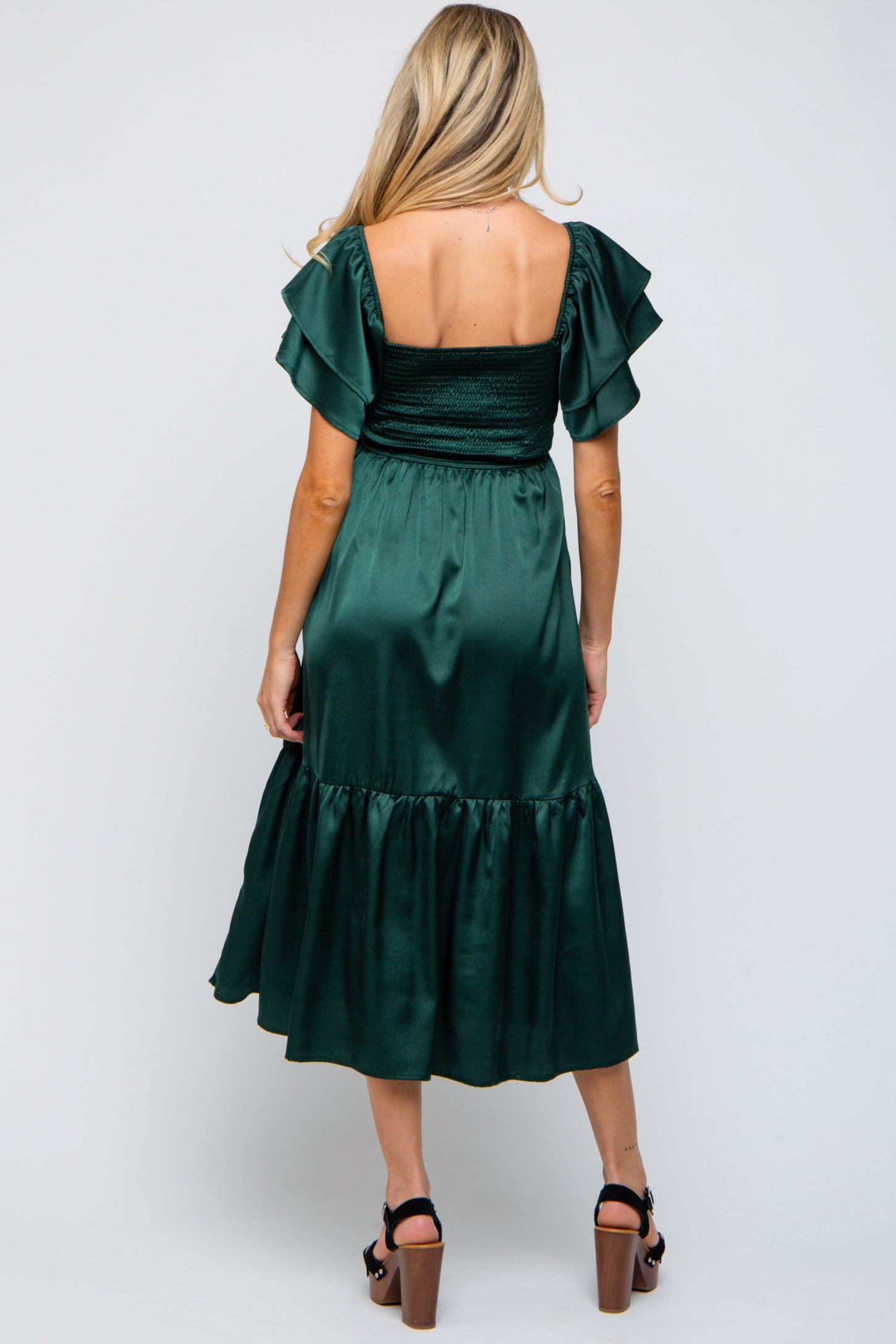 Forest Green Satin Flutter Sleeve Maternity Midi Dress Forest Green Satin Flutter Sleeve Maternity Midi Dress