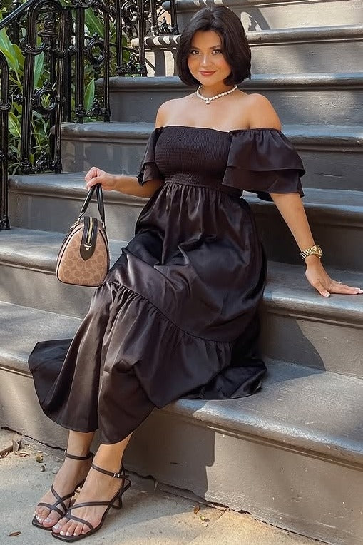 Black Satin Flutter Sleeve Midi Dress – PinkBlush