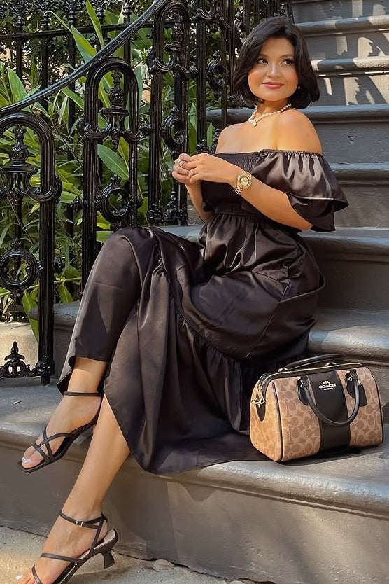 Black Satin Flutter Sleeve Midi Dress