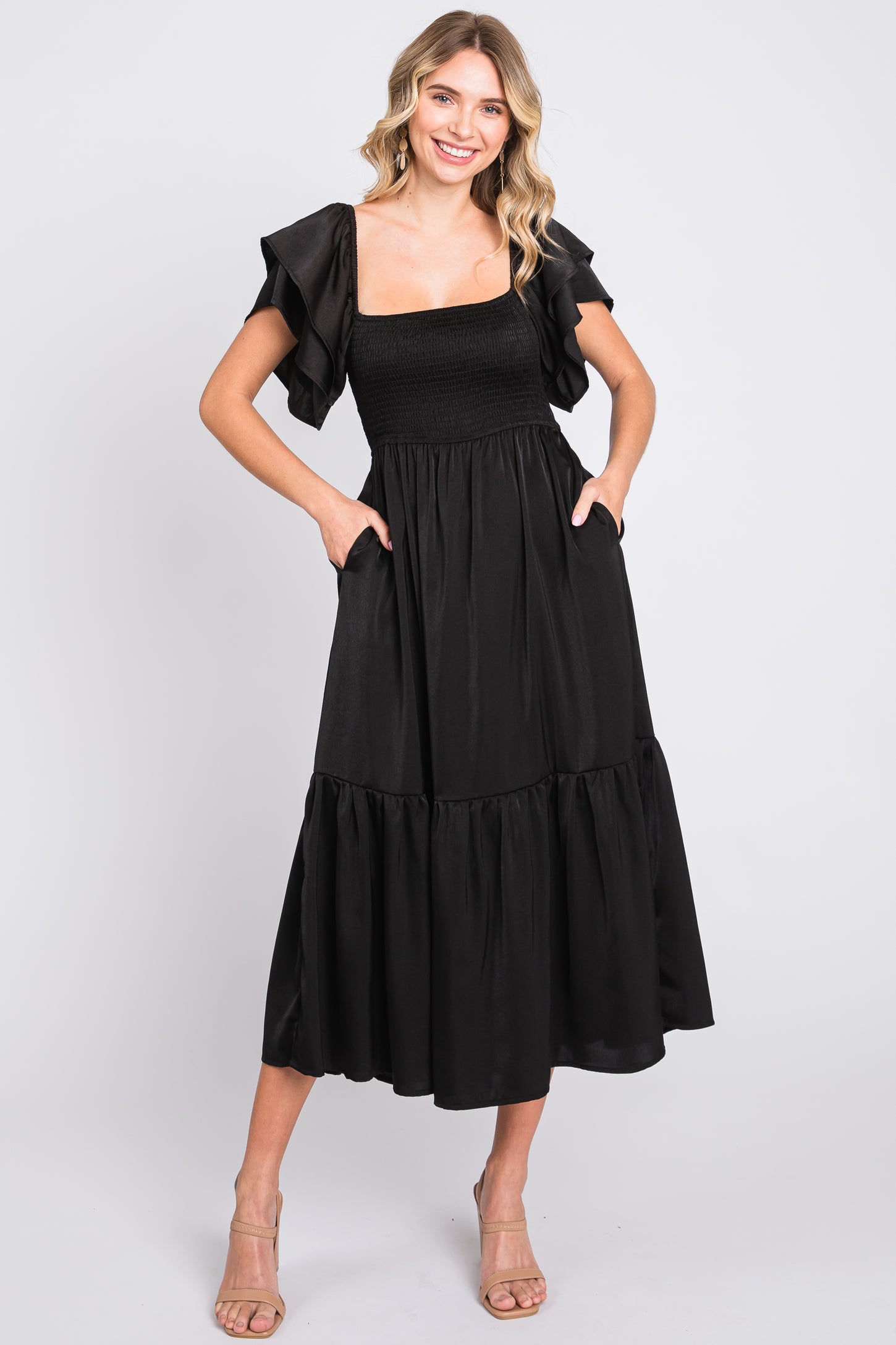 Black Satin Flutter Sleeve Midi Dress – PinkBlush