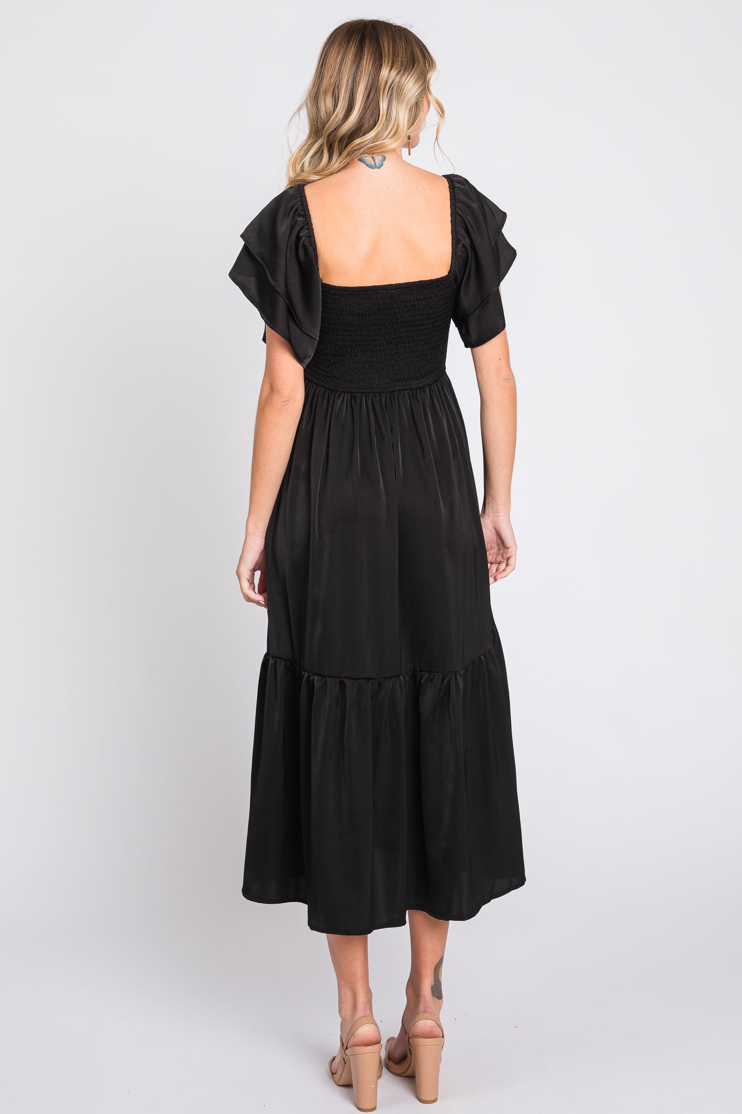 Black Satin Flutter Sleeve Midi Dress Black Satin Flutter Sleeve Midi Dress