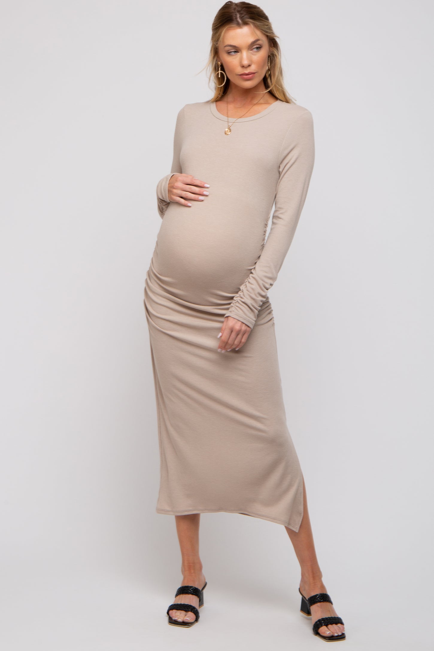 Beige Ruched Long Sleeve Maternity Midi Dress – PinkBlush