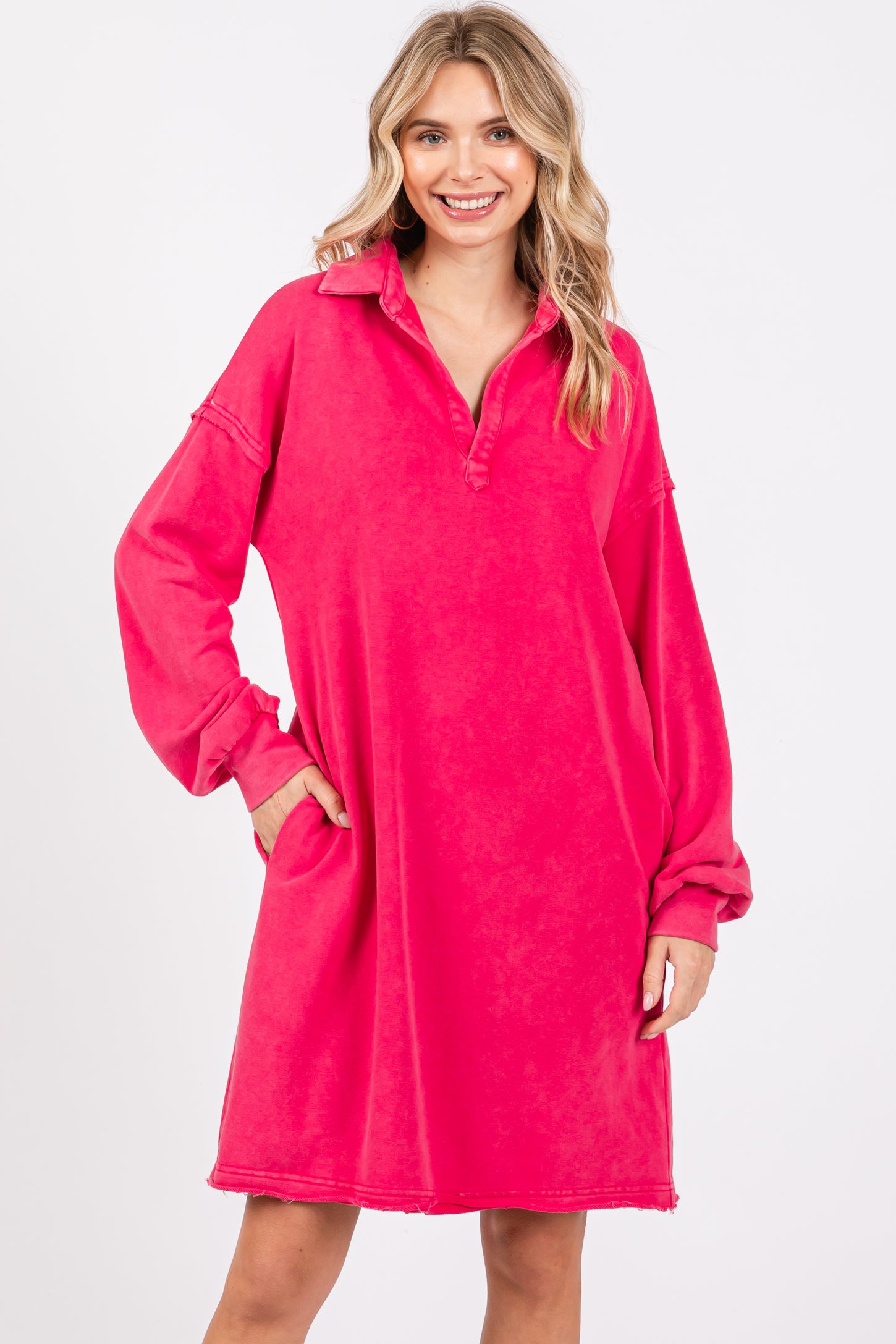 Fuchsia Collared French Terry Raw Edge Dress