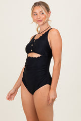 Black Scalloped Cutout Ruched One Piece Swimsuit