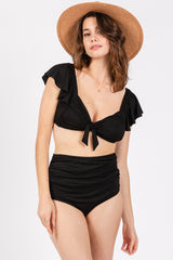 Black Ribbed Ruffle Shoulder Front Tie High Waist Two-Piece Maternity Swimsuit