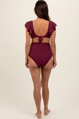 Burgundy Ribbed Ruffle Shoulder Front Tie High Waist Two-Piece Maternity Swimsuit
