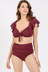 Burgundy Ribbed Ruffle Shoulder Front Tie High Waist Two-Piece Swimsuit