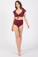 Burgundy Ribbed Ruffle Shoulder Front Tie High Waist Two-Piece Swimsuit