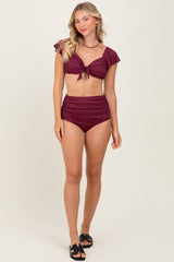 Burgundy Ribbed Ruffle Shoulder Front Tie High Waist Two-Piece Swimsuit