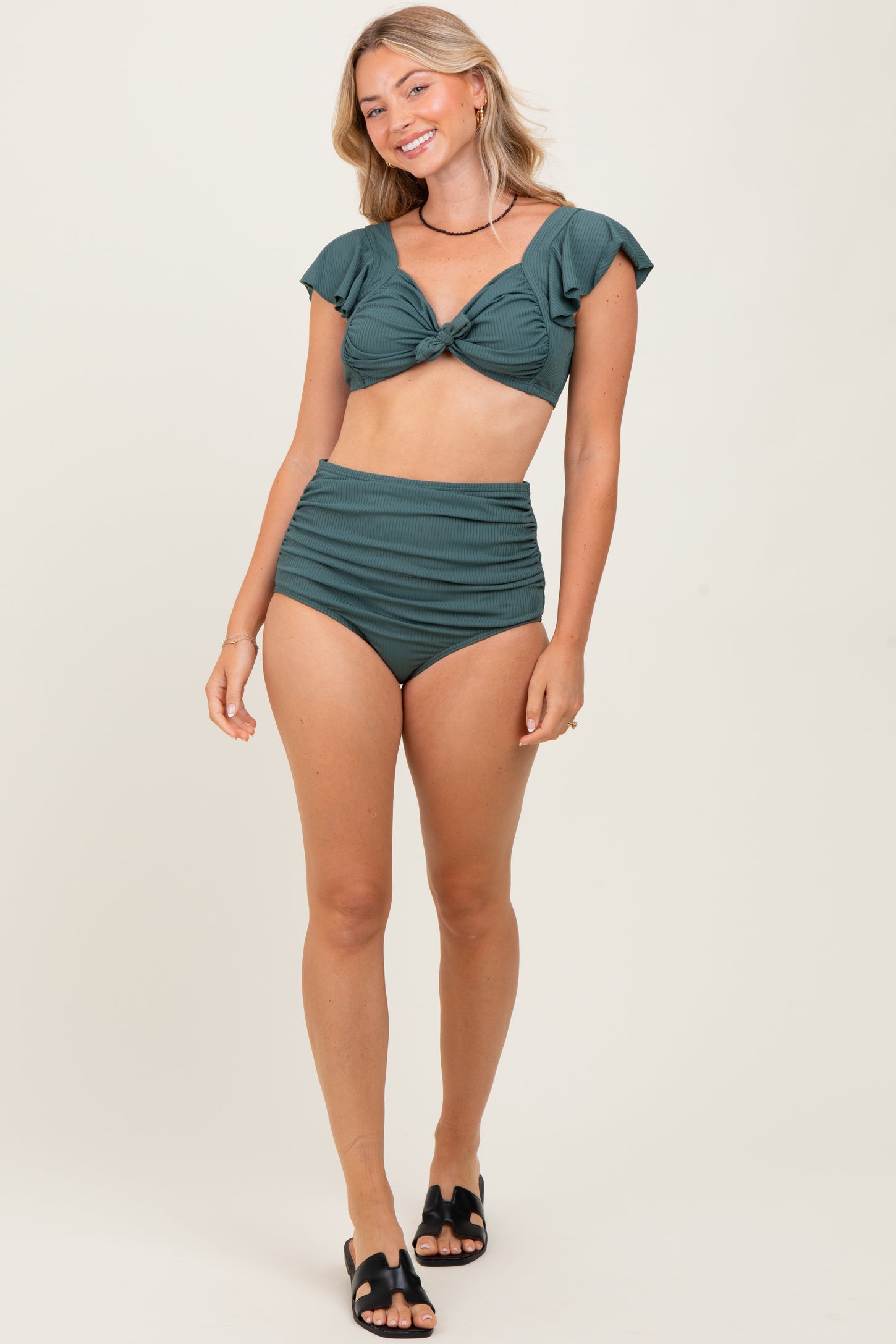 Olive Ribbed Ruffle Shoulder Front Tie High Waist Two-Piece Swimsuit