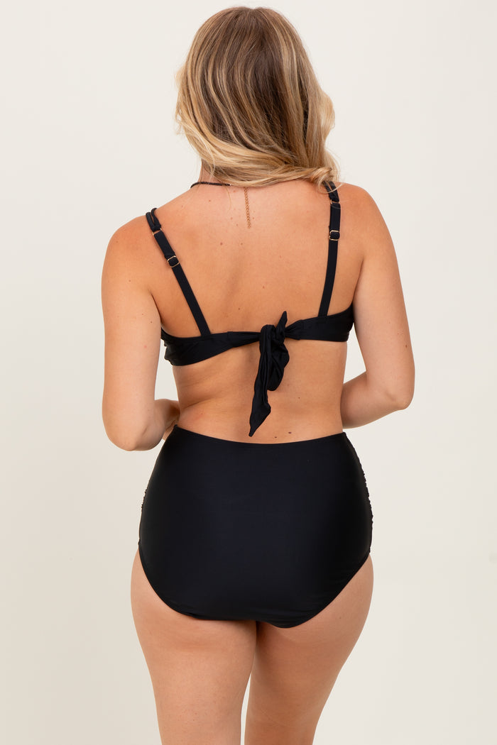 Black Scalloped V-Neck High Waist Two-Piece Swimsuit