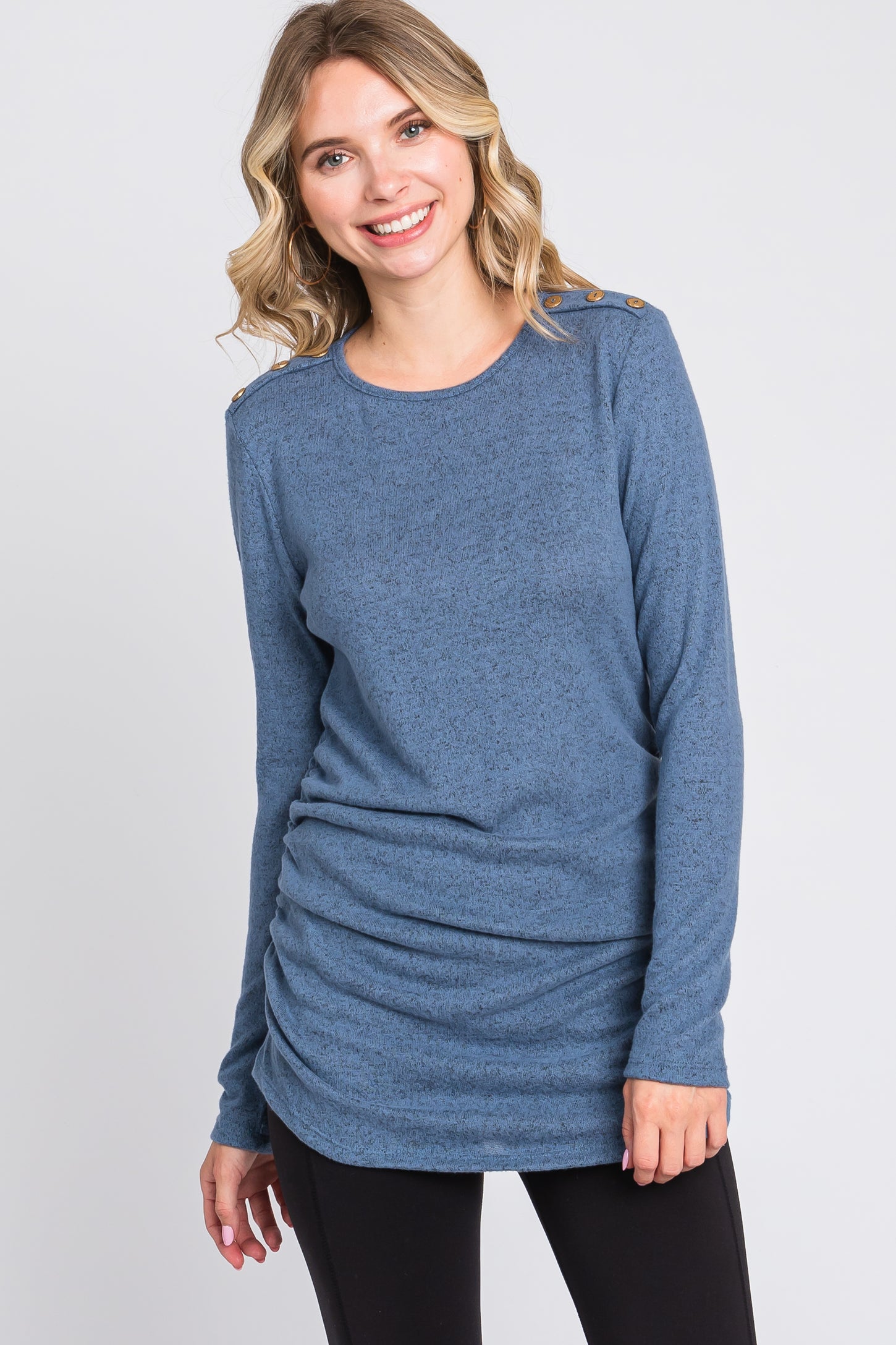 Blue Soft Knit Button Shoulder Ruched Side Maternity Top