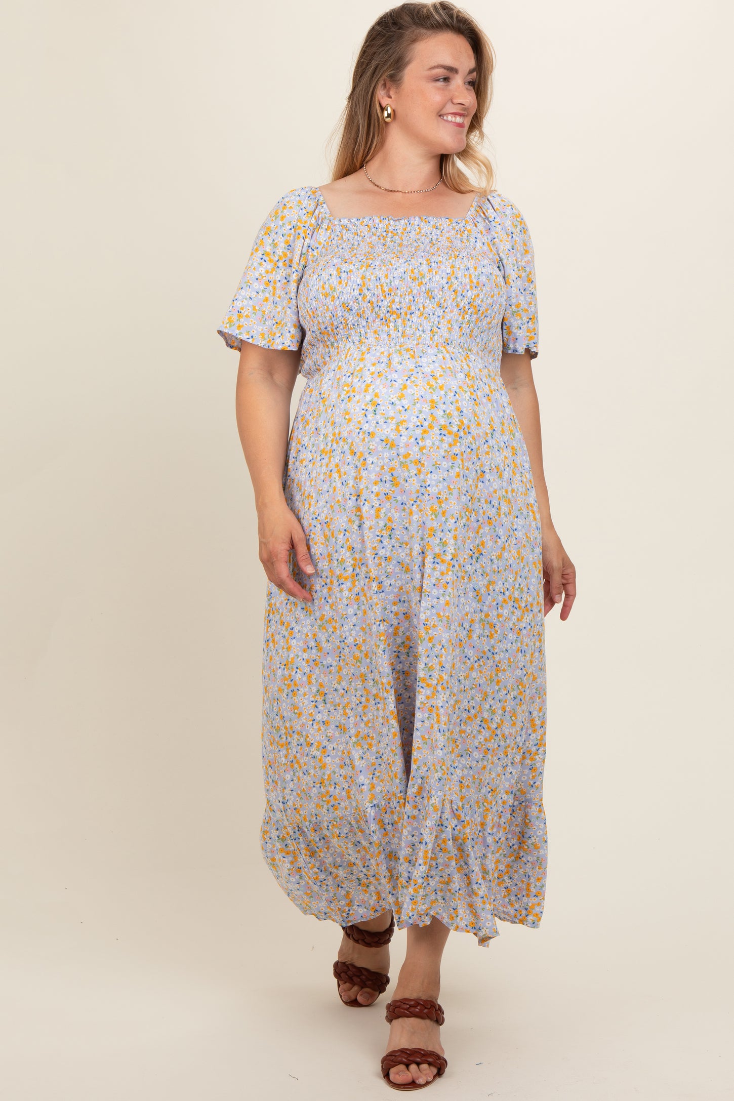 Light Blue Floral Smocked Plus Maternity Maxi Dress