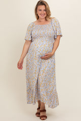 Light Blue Floral Smocked Plus Maternity Maxi Dress