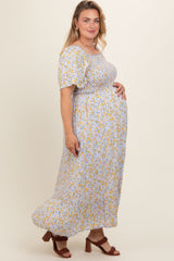 Light Blue Floral Smocked Plus Maternity Maxi Dress
