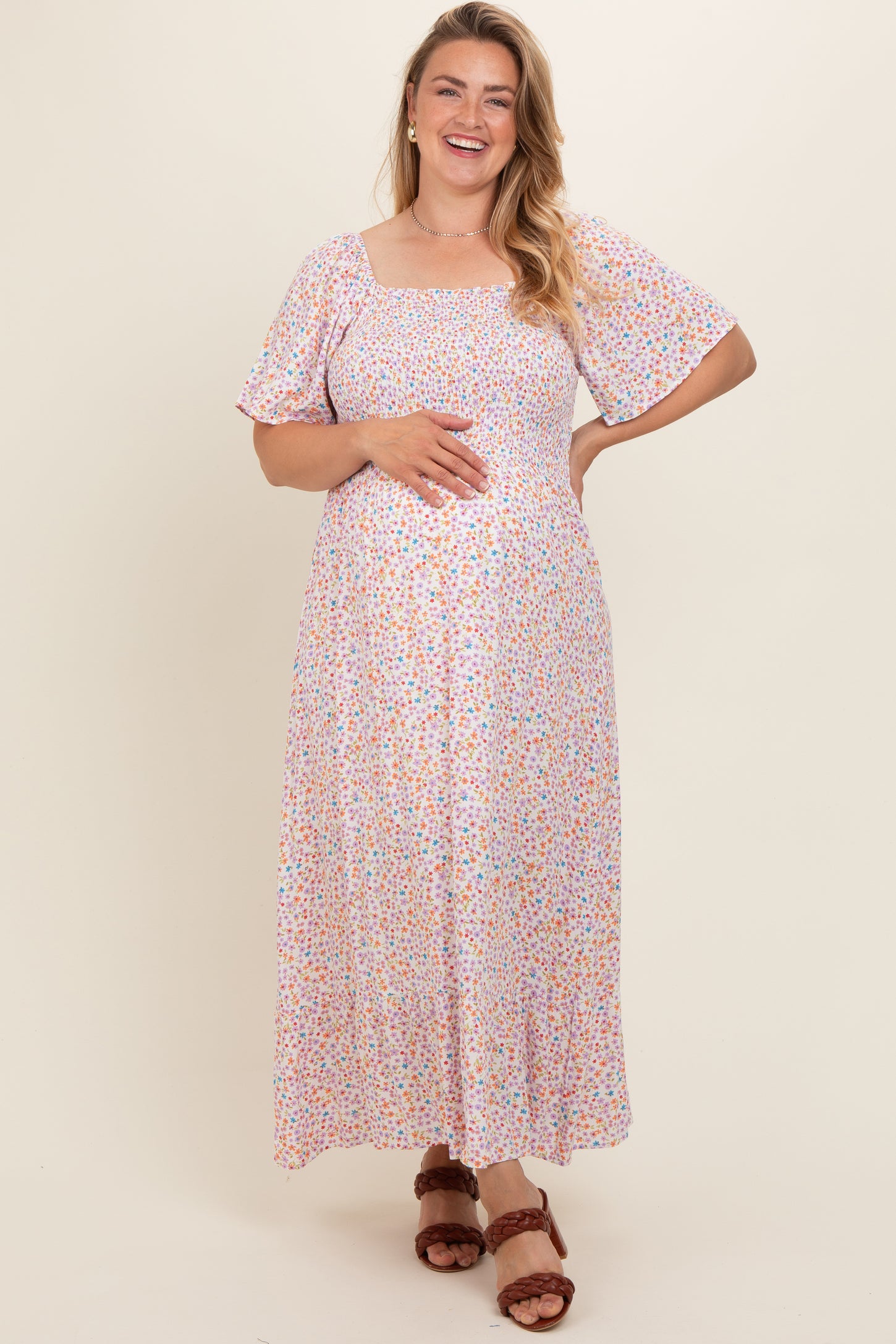 Ivory Floral Smocked Plus Maternity Maxi Dress – PinkBlush