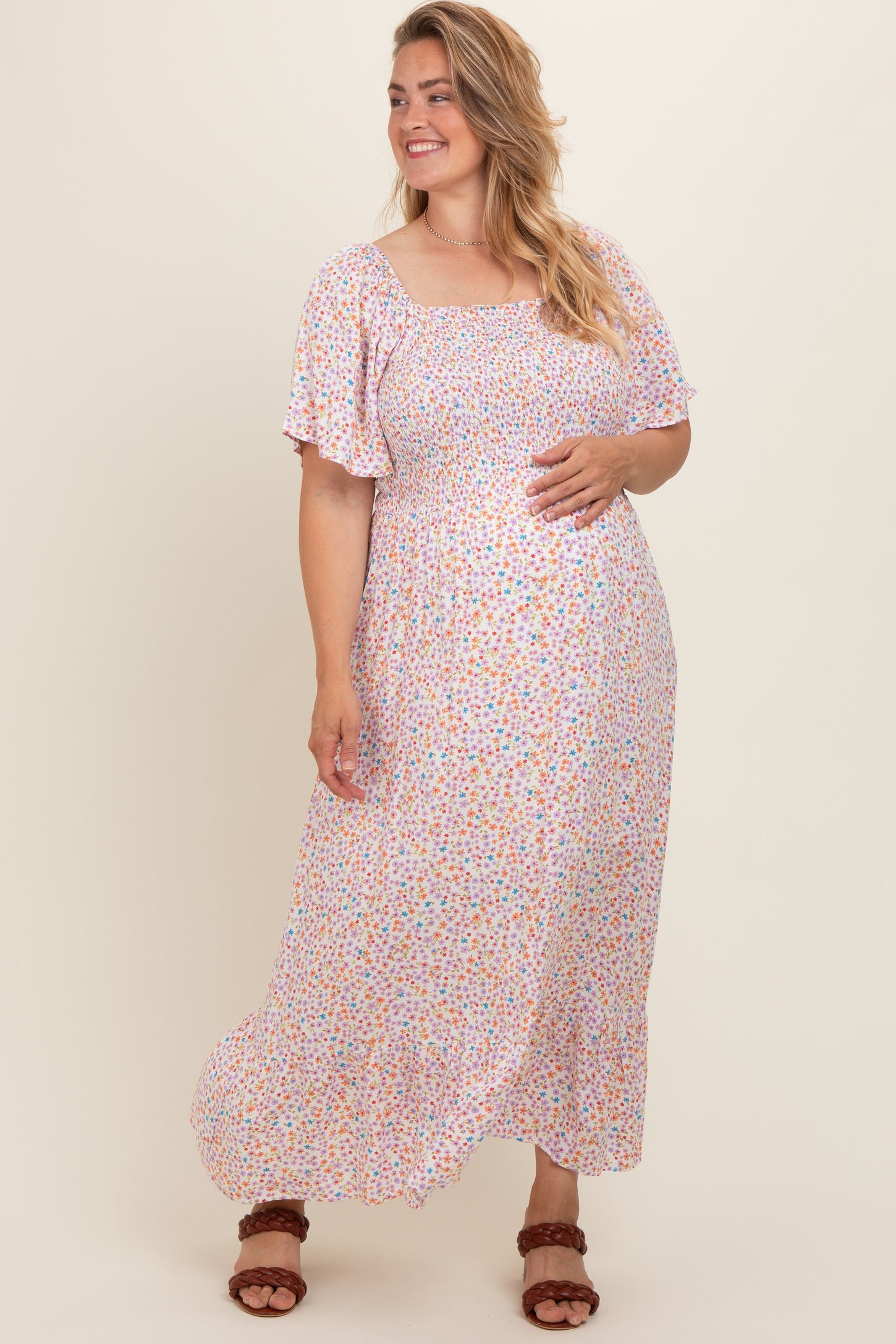 Ivory Floral Smocked Plus Maternity Maxi Dress – PinkBlush