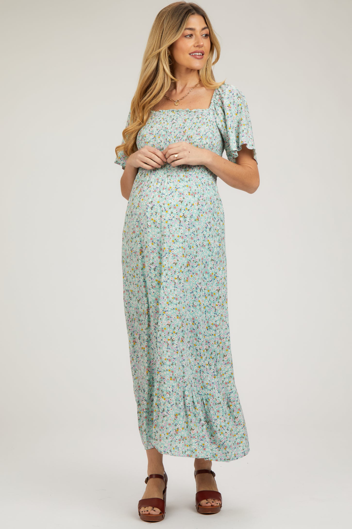 Maternity Dresses Mint Green Plus Size Maxi Dress Mint Floral Smocked Maternity  Maxi Dress – PinkBlush