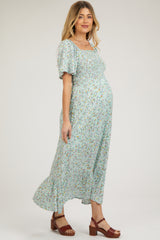 Mint Floral Smocked Maternity Maxi Dress