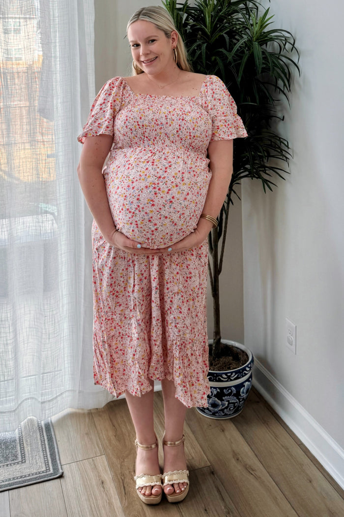 Light Pink Floral Smocked Maternity Maxi Dress