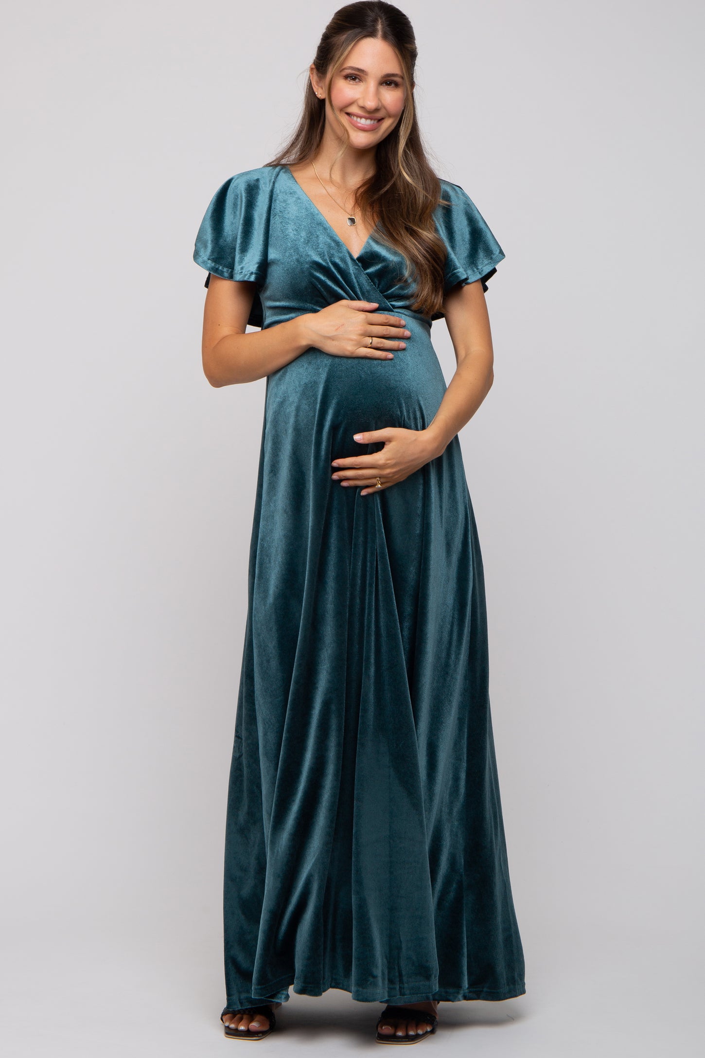 Teal Velvet Maternity Maxi Dress PinkBlush Teal Velvet Maternity Maxi Dress PinkBlush