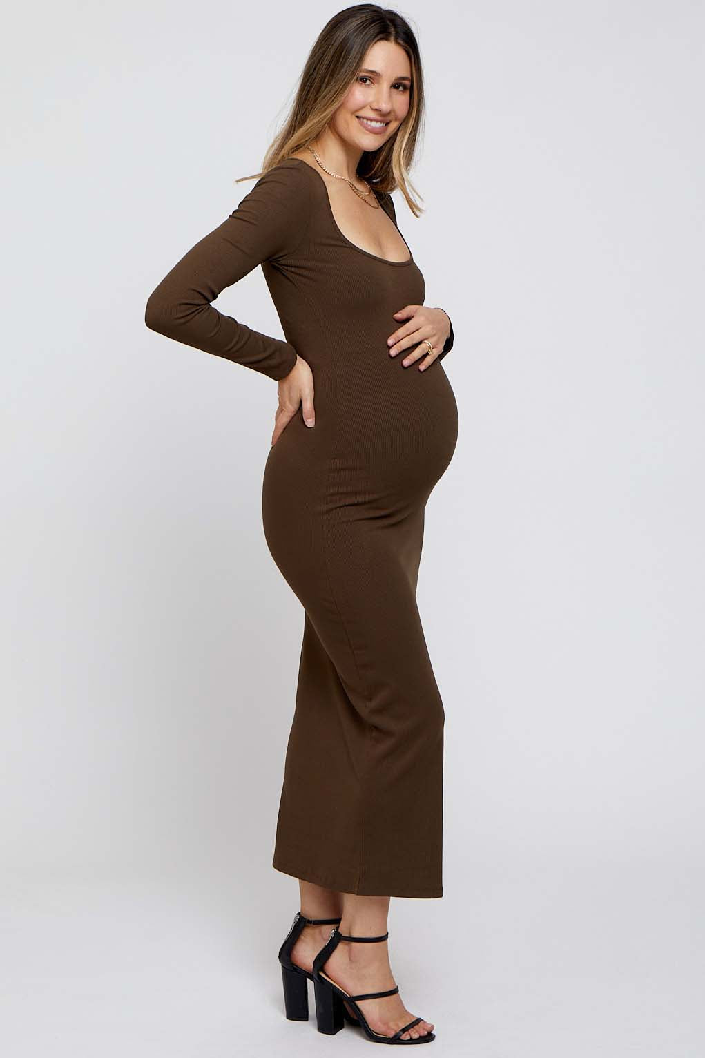 Brown Ribbed Scoop Neck Maternity Midi Dress PinkBlush Brown Ribbed Scoop Neck Maternity Midi Dress PinkBlush
