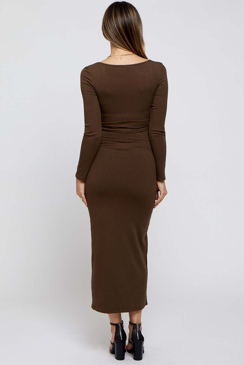Brown Ribbed Scoop Neck Maternity Midi Dress PinkBlush Brown Ribbed Scoop Neck Maternity Midi Dress PinkBlush