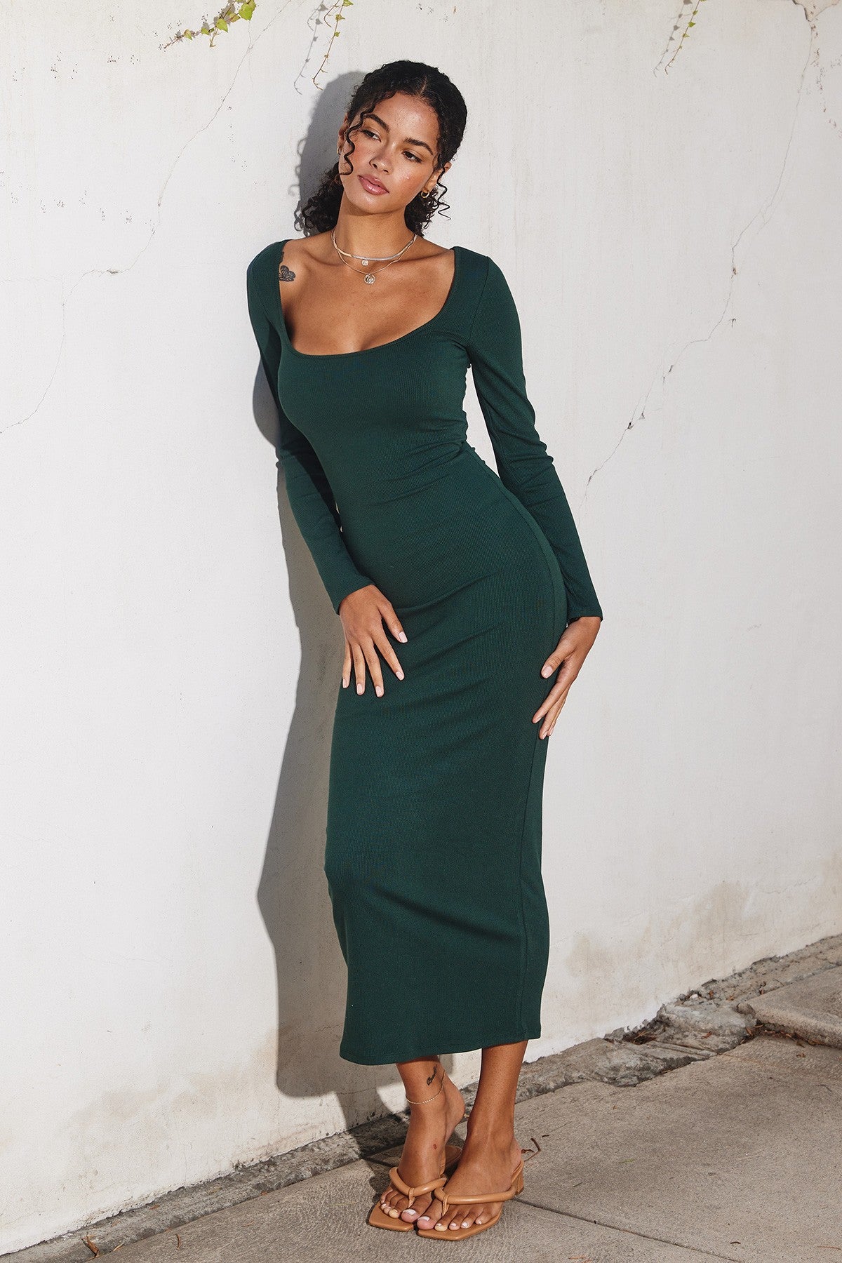 green ribbed dress Forest Green Ribbed Scoop Neck Midi Dress