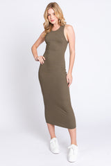 Olive Sleeveless Ribbed Fitted Maternity Midi Dress