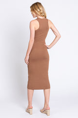 Camel Sleeveless Ribbed Fitted Midi Dress