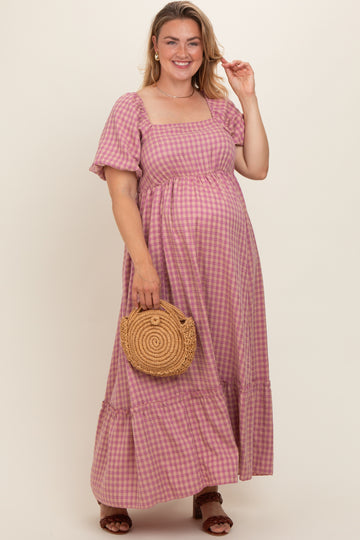 Pink Plaid Puff Sleeve Maternity Plus Maxi Dress