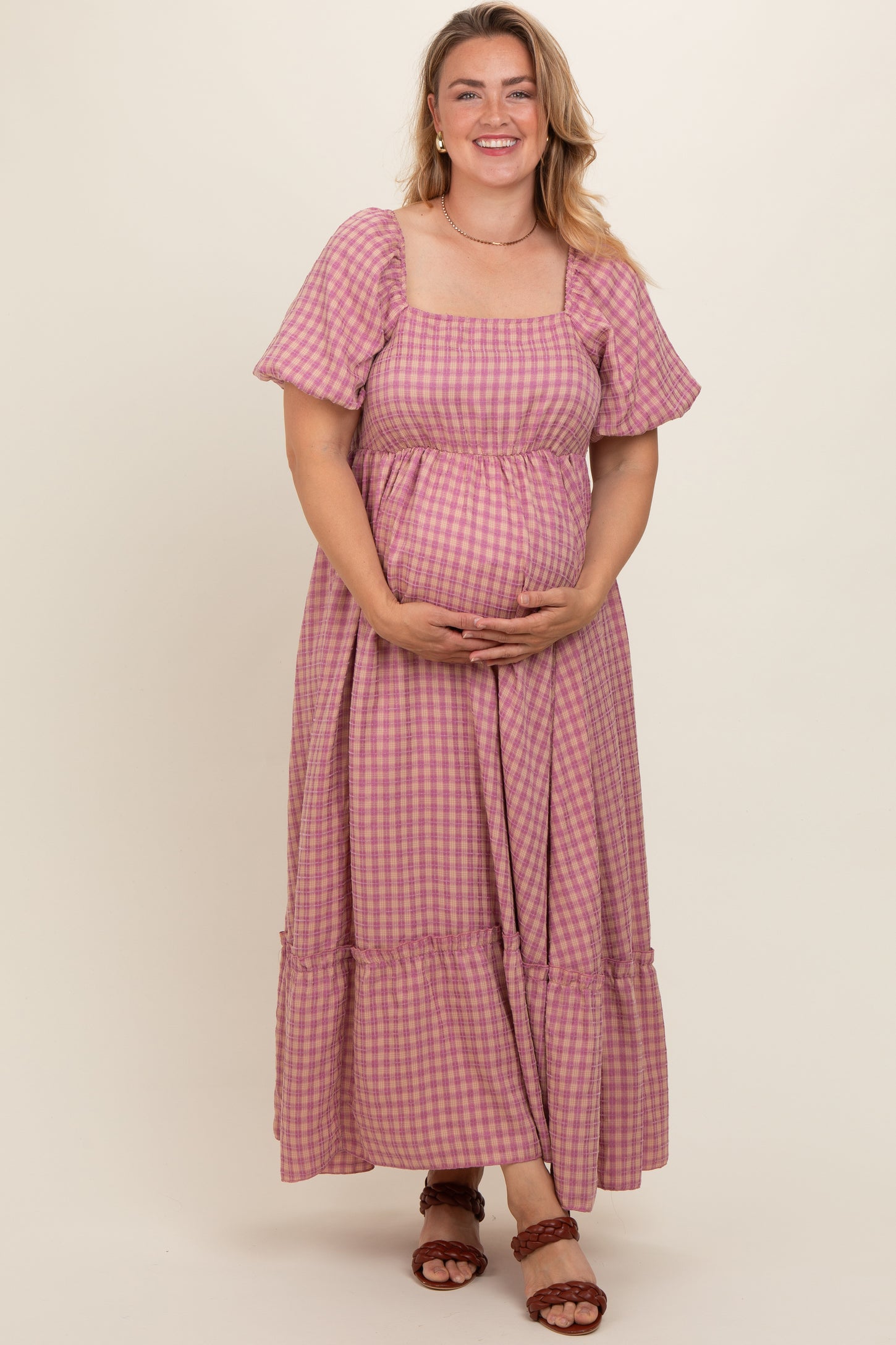 Pink Plaid Puff Sleeve Maternity Plus Maxi Dress
