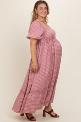 Pink Plaid Puff Sleeve Maternity Plus Maxi Dress