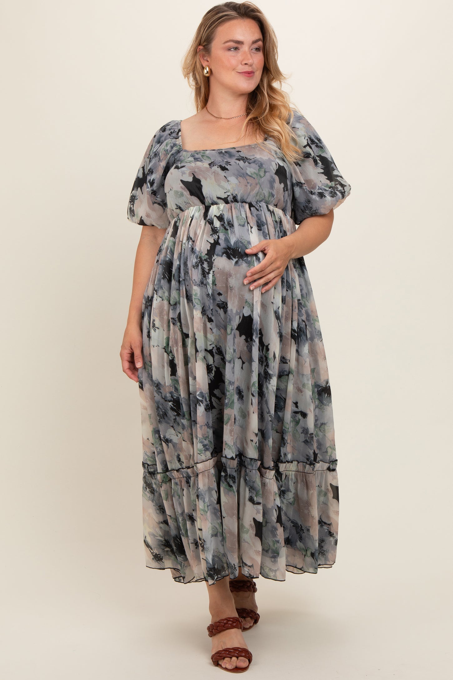 Black Floral Puff Sleeve Maternity Plus Maxi Dress