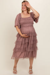 Pink Swiss Dot Smocked Tiered Maternity Plus Midi Dress