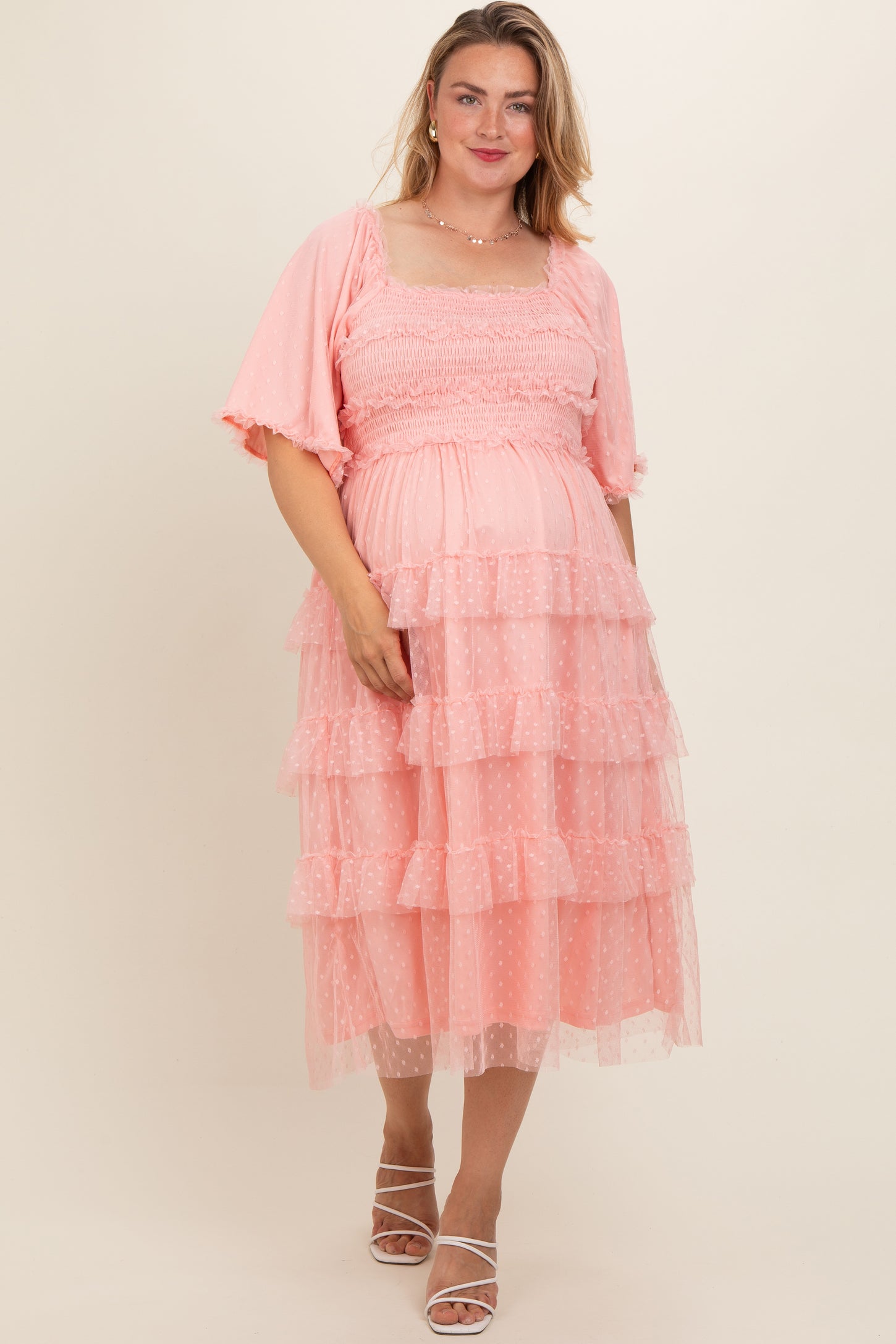 Light Pink Swiss Dot Smocked Tiered Maternity Plus Midi Dress Light Pink Swiss Dot Smocked Tiered Maternity Plus Midi Dress