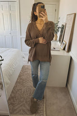 Mocha Waffle Knit Deep V-Neck Maternity Top