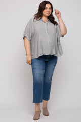 Charcoal Striped Button Up Short Dolman Sleeve Maternity Plus Top