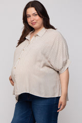 Taupe Striped Button Up Short Dolman Sleeve Maternity Plus Top