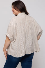 Taupe Striped Button Up Short Dolman Sleeve Maternity Plus Top